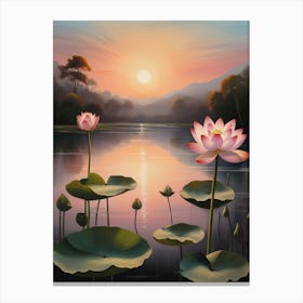 Beautiful India National Flower the Lotus Flower Sunset Painting Canvas Print