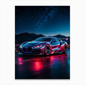 BMW neon car at night, a racing star. Synthwave vibes and futuristic design create a fast, automotive masterpiece. Canvas Print