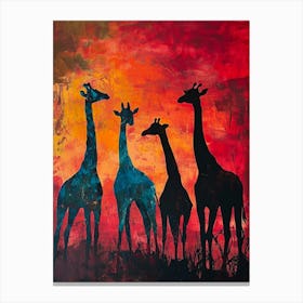 Giraffe Herd In The Red Sunset 2 Canvas Print