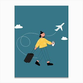 Woman With Suitcase And Airplane Canvas Print