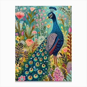 Floral Folky Peacock In The Meadow 3 Canvas Print