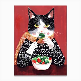 Black And White Cat Eating Salad Folk Illustration 5 Canvas Print