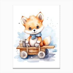 Baby Polar Fox On A Toy Car, Watercolour Nursery 0 Canvas Print