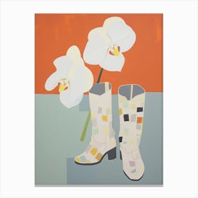 A Painting Of Cowboy Boots With White Flowers, Pop Art Style 13 Canvas Print