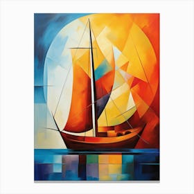 Sailing Boat at Sunset VII, Avant Garde Vibrant Colorful Painting in Cubism Picasso Style Canvas Print
