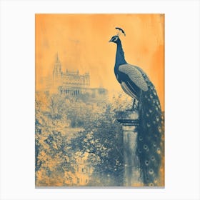 Orange & Blue Peacock With Palace In The Background 1 Canvas Print