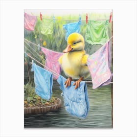 Duckling On The Washing Line Pastel Illustration 2 Canvas Print