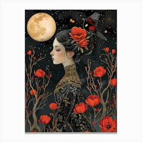 Chinese Girl in the flower field by night Canvas Print