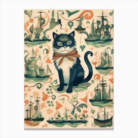 Medieval Style Ships & Cat With Bow Canvas Print