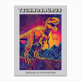 Neon Linework Dinosaur In The Mountains Poster Canvas Print