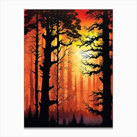 Sunset In The Forest 9,   Forest bathed in the warm glow of the setting sun, forest sunset illustration, forest at sunset, sunset forest vector art, sunset, forest painting,dark forest, landscape painting, nature vector art, Forest Sunset art, trees, pines, spruces, and firs, orange and black.  Canvas Print