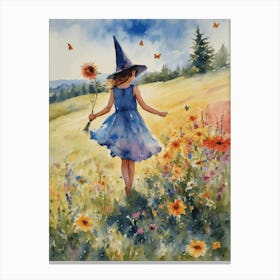 Little Summer Witch Girl Running Through the Summer Meadow - Colorful Witchy Watercolor Art by Lyra the Lavender Witch - Rainbow Flowers Girl Witches In Midsummer Litha Summer Solstice Pagan Wiccan Wheel of the Year - Botanical Gallery Wall Art Full of Color and Joy HD Canvas Print