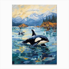 Two Orca Whales Geometric Impasto Blue Canvas Print