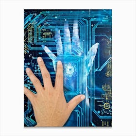 Cyber Abstract Digital Painting Of A Human Hand And A Robotic Hand Almost Touching Against A Backdro (5) Canvas Print