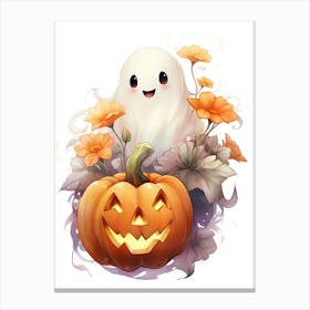 Cute Ghost With Pumpkins Halloween Watercolour 99 Canvas Print