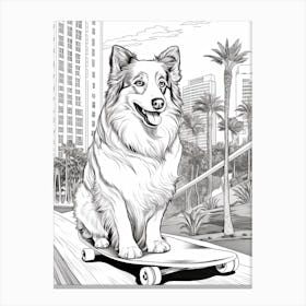Shetland Sheepdog (Sheltie) Dog Skateboarding Line Art 2 Canvas Print