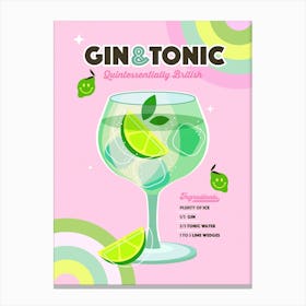 Gin and Tonic Cocktail - Retro Rainbow Pink and lime green Canvas Print