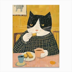 Black And White Cat Having Breakfast Folk Illustration 1 Canvas Print