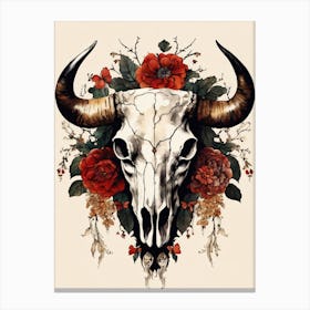 Vintage Boho Bull Skull Flowers Painting (62) Canvas Print
