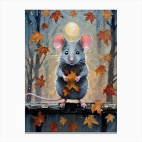 Cottagecore Mouse in Autumn Forest - Acrylic Paint Little Fall Mice Art with Falling Leaves at Night on a Full Moon, Perfect for Witchcore Cottage Core Pagan Tarot Celestial Zodiac Gallery Feature Wall Beautiful Woodland Creatures Series HD Canvas Print