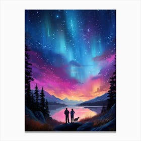 Northern Lights - Couple Overlooking Lake Canvas Print