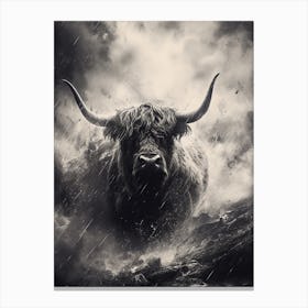 Moody Black & White Illustration Of Highland Cow In The Storm Canvas Print