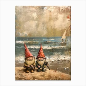 Gnomes On The Beach Kitsch Painting 3 Canvas Print