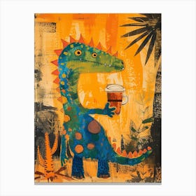 Dinosaur Drinking Coffee Orange Brushstroke 2 Canvas Print