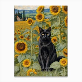 Black Cat In Sunflower Field Canvas Print