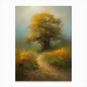 Oak tree, fine work of art, misty atmosphere, green meadow..11 Canvas Print