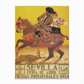 Sevilla Spain Fiesta De April, Man and Woman Riding Horse, Vintage Travel Poster Canvas Print