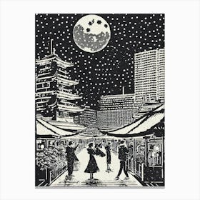 Moonlight In Tokyo Linocut Canvas Print
