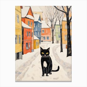 Cat In The Streets Of Rovaniemi   Finland Swith Snow Canvas Print