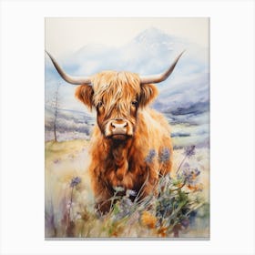 Highland Cow In Grassy Wildflower Field 1 Canvas Print