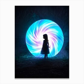 Silhouette Of A Child Mid Emergence From A Swirl Of Iridescent Colorful Ribbons Forming A Portal (1) Canvas Print