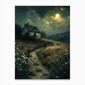 The Old Farmhouse on a Full Moon Art Print | Enchanting Dreamy Painting of Summer Countryside at Night for Feature Wall | Dreamy Countryside Living Canvas Print