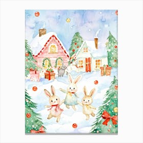 Christmas Bunnies Adorned With Charming Festive Pastels Surrounded By Soft Falling Snowflakes Jum Canvas Print