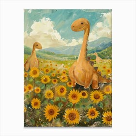 Cute Dinosaurs In A Sunflower Field Canvas Print