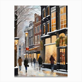 Amsterdam cafes, winter season, Christmas, autumn oil colors, pale colors, pedestrians in the street, winter clothes, falling snow.2 1 Canvas Print