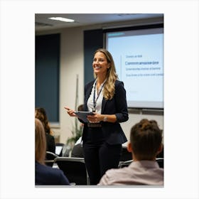 Businesswoman Exuding Confidence Stands At The Forefront Of A Well Attended Training Seminar Audien Canvas Print