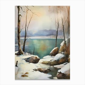 Ancient landscapes, old winter oil paintings and rocks around the lake bank. Snow is falling on the lake, old colors.7 2 Canvas Print