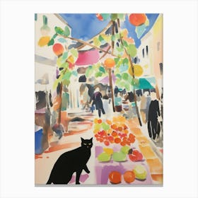 Food Market With Cats In Ibiza 2 Watercolour Canvas Print