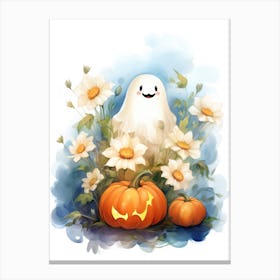 Cute Ghost With Pumpkins Halloween Watercolour 21 Canvas Print