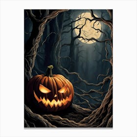 Spooky Pumpkin In Dark Forest, Halloween Decor 1 Canvas Print