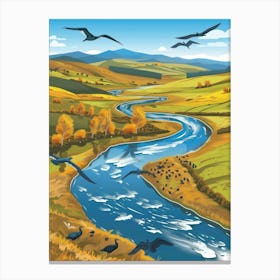 River Landscape With Birds Canvas Print