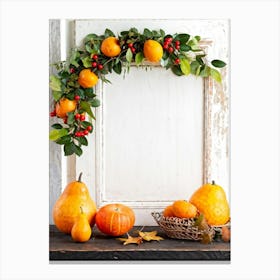 A Captivating Autumnal Scene Showcasing Ripe Oranges And Vibrant Pumpkins Resting On A Rustic Table (4) Canvas Print