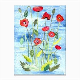 Poppies In Blue Canvas Print