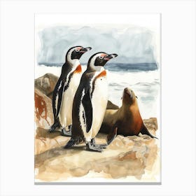 Humboldt Penguin Sea Lion Island Watercolour Painting 1 Canvas Print
