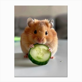 A Cute Little Hamster Is Eating Cucumber On A White Table, With A Closeup Of Its Head And Body Lienzo