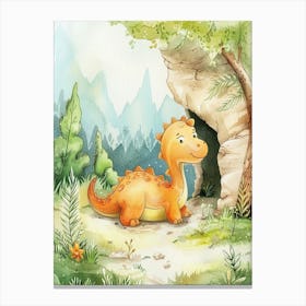 Cute Dinosaur Finds A Cave Storybook Illustration Canvas Print